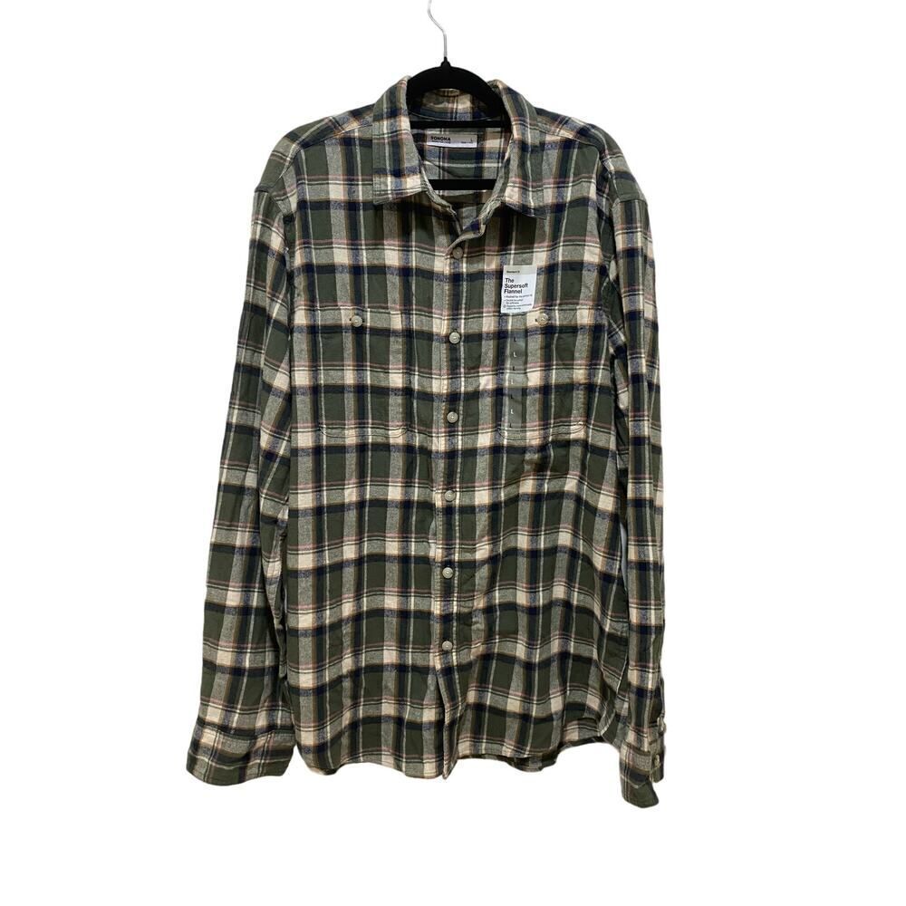 SONOMA The Supersoft Flannel Button Down Shirt Long Sleeve Pleated Plaid Size L